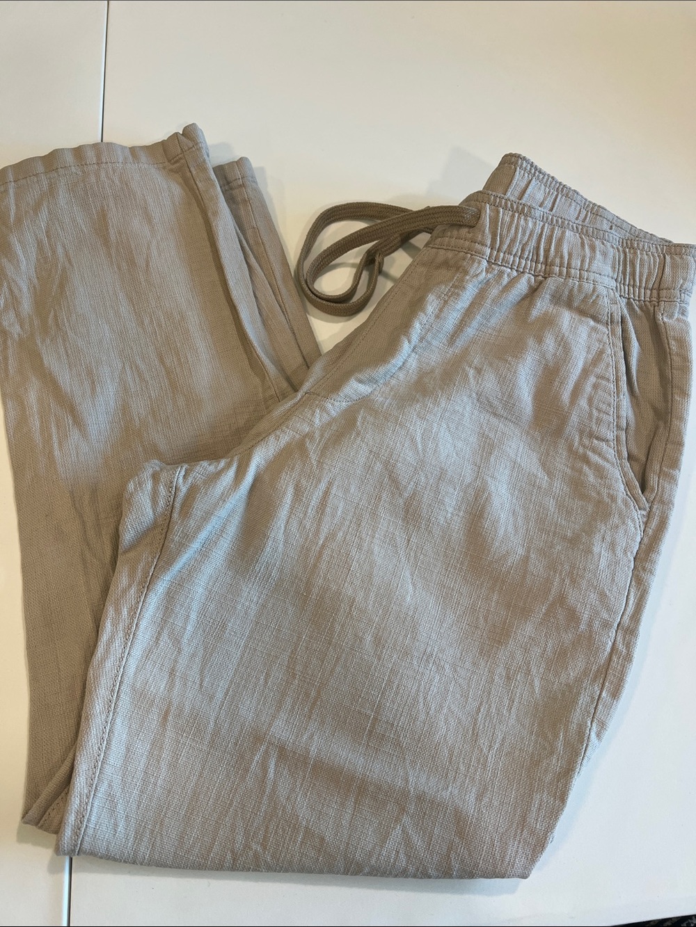 ETA - 32, Drawstring Cotton Linen-Blend Casual Pants in Beige